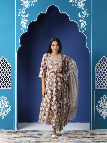 Varnnan Almond Blossom Embroidered Anarkali Trio  | Cotton Kurti For Women | Stylish Kurti Online | Varnnan