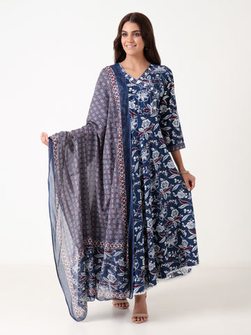 Varnnan Blue Leaf Whisper Anarkali Set | Cotton Kurti For Women | Stylish Kurti Online | Varnnan