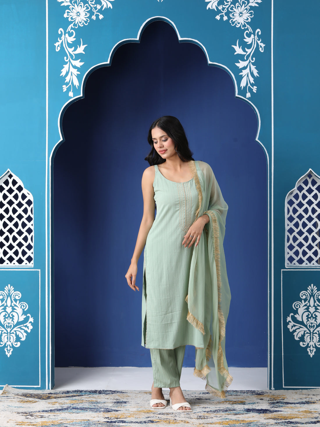 Varnnan Seafoam Elegance Embroidered Gota Patti Kurti Set | Cotton Kurti For Women | Stylish Kurti Online | Varnnan