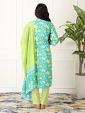 Woman wearing a blue and green floral outfit kurti set for women under Rs. 999