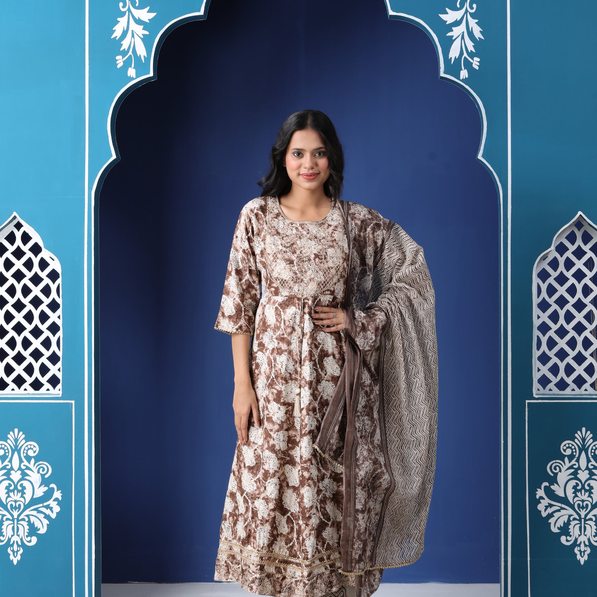 Varnnan Almond Blossom Embroidered Anarkali Trio  | Cotton Kurti For Women | Stylish Kurti Online | Varnnan