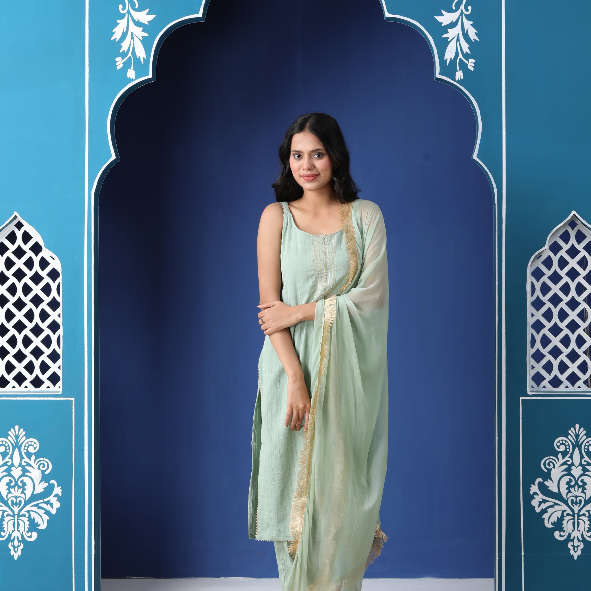 Varnnan Seafoam Elegance Embroidered Gota Patti Kurti Set | Cotton Kurti For Women | Stylish Kurti Online | Varnnan