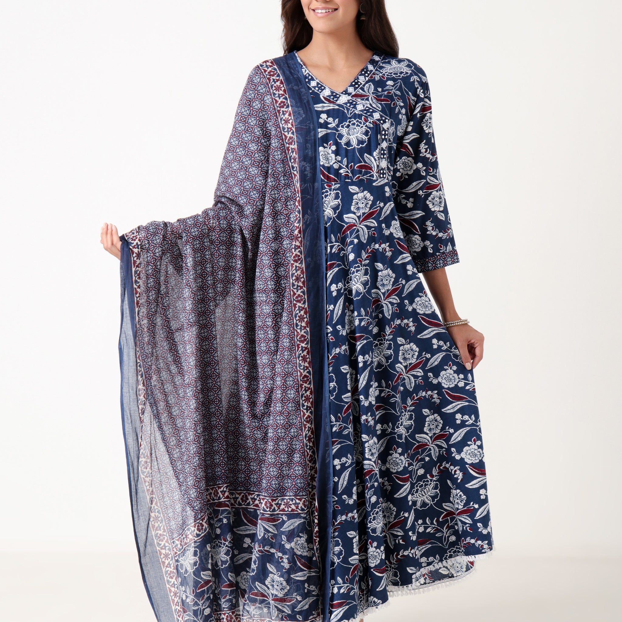 Varnnan Blue Leaf Whisper Anarkali Set | Cotton Kurti For Women | Stylish Kurti Online | Varnnan